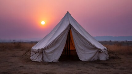 A solitary canvas tent stands in a dry field at sunset under a vibrant pink and orange sky