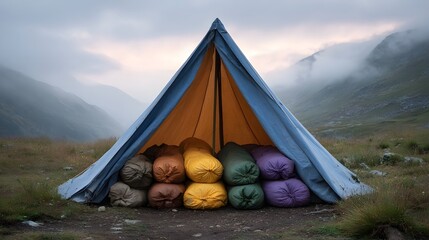 Colorful sleeping bags stored inside a canvas tent in a misty mountain landscape at dawn