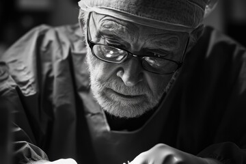An experienced, focused surgeon in a scrub cap and glasses, meticulously performing a procedure in a brightly lit operating room, captured in striking black and white.