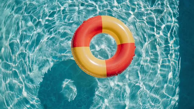 Bright Yellow And Red Inflatable Ring Floating On Clear Turquoise Water On A Sunny Day