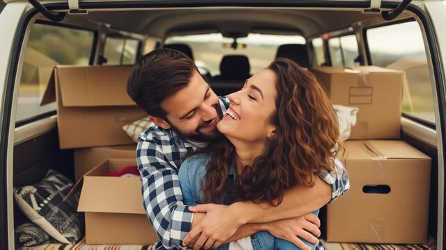 Joyful couple embracing amidst moving boxes in car trunk adventure