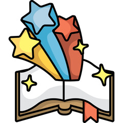Open Book with Colorful Shooting Stars and Sparkles Emerging from Pages on Transparent Background