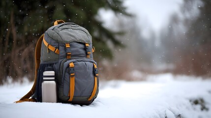 A backpack and water bottle sit in the snow during a winter snowfall in a forest
