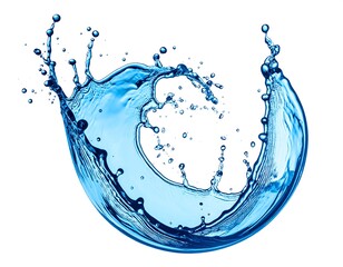 Curving splash of vibrant, translucent blue water in arc form against a white background