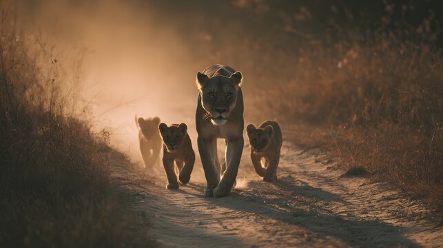Majestic lioness leads her three cubs along a dusty savanna pathway at sunset