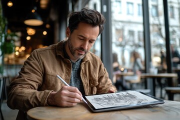 A man diligently sketches a cityscape on a tablet using a stylus, sitting at a wooden table in a cozy, modern cafe.