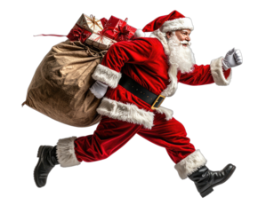 Santa Claus in a dynamic pose carrying a sack of gifts.