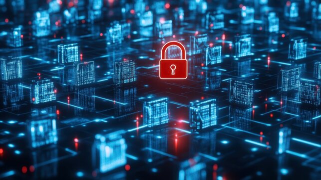 Cybersecurity Lock: Illuminated padlock symbolizing security amidst an intricate network of data structures, representing digital safety and protection.