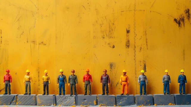 Miniature figures of workers against yellow backdrop