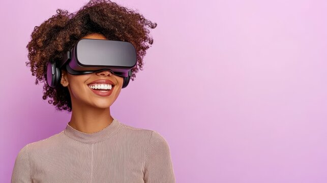 Virtual Reality Bliss: An Afro-American person wearing virtual reality headset, exploring the immersive world, and a big smile. - Powered by Adobe