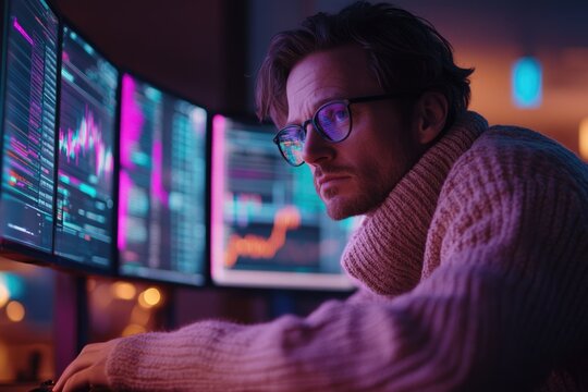 Man in glasses intently analyzing vibrant financial data and programming charts across multiple glowing screens in a dark, focused workspace.