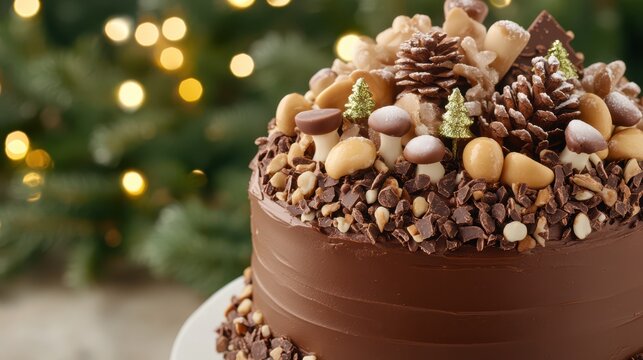 Chocolate cake delight: An inviting chocolate cake, adorned with delectable nuts, mushrooms, pine cones, and chocolate chips, sits ready, embodying sweetness and indulgence - Powered by Adobe