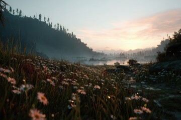Glowing Flowers Field At Sunrise In Valley Landscape