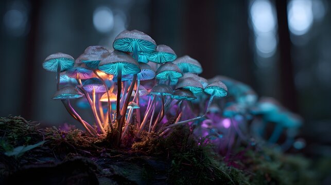 Cluster of bioluminescent fungi illuminates a dark forest floor with vibrant neon glow