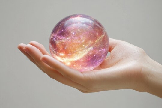 A human hand gently cradles a luminous, transparent orb filled with a vibrant, glowing galaxy of cosmic dust and countless stars, symbolizing wonder and creation.
