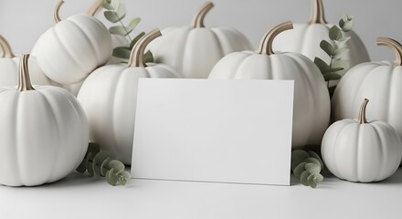 Elegant autumn harvest display with white pumpkins, eucalyptus leaves, and a blank greeting card for festive mockups, seasonal messages and greetings