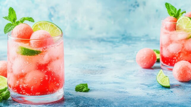 Watermelon Delight: A refreshing and vibrant drink, filled with watermelon balls, lime slices, and fresh mint. The drink looks inviting and is perfect for a summer day. 