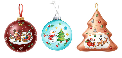 Set of three festive Christmas ornaments with cartoon illustrations of Santa, reindeer, snowman, and Christmas tree designs, perfect for holiday decorations