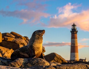 A seal basks in sunset light near a lighthouse on rocky shore