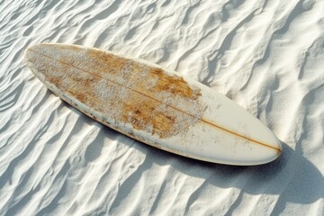 A vintage, sandy surfboard rests on bright, rippled white beach sand, bathed in warm sunlight, evoking serene coastal vibes.