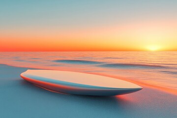 A pristine white surfboard rests on serene blue sand by the ocean at sunset, under a vibrant orange and turquoise sky.
