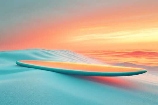Vibrant surfboard rests on a serene, wavy blue landscape against a stunning orange and pink sunset sky, a tranquil beach scene.