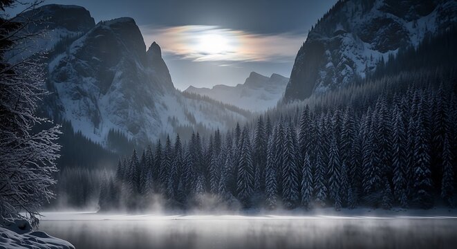 Mystic winter landscape with snow-covered mountains and frozen lake for travel ads, book covers, and holiday promotions, invoking peace and tranquility