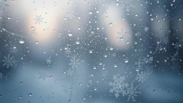Winter's Embrace: A frosted windowpane, adorned with delicate snowflakes and glistening droplets, creates a serene atmosphere of the chilly season.