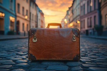 A vintage leather suitcase rests on a cobblestone street at sunset, evoking a sense of travel, journey, and old-world charm.