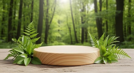 Wooden product display podium with ferns in a forest setting
