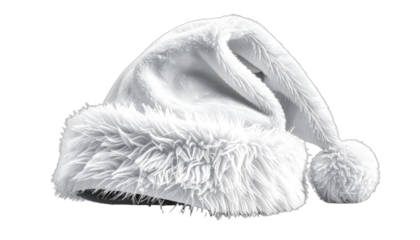 A fluffy white Santa hat with a pompom rests against a black background.