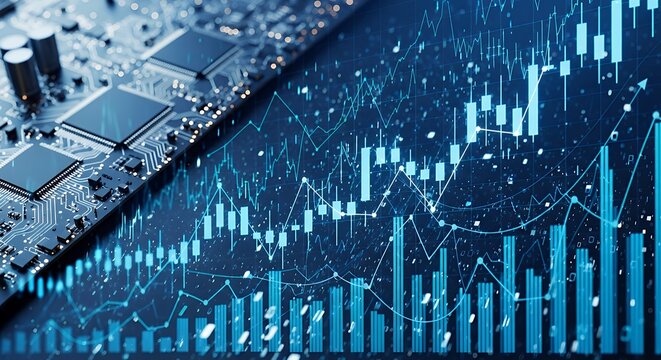 Digital Stock Market Chart Overlaying Computer Circuit Board.