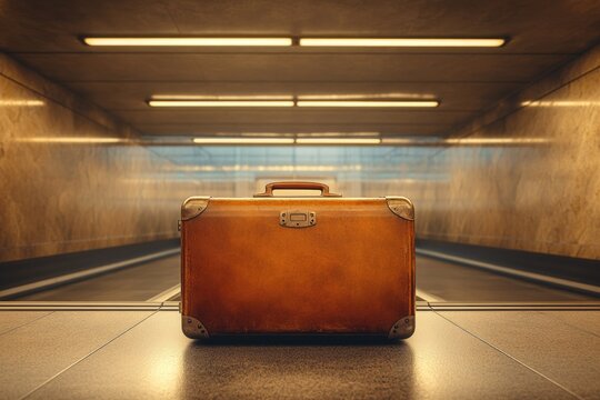 A vintage brown leather suitcase sits centrally in a warmly lit, empty, modern corridor or subway tunnel, suggesting waiting or imminent travel. - Powered by Adobe