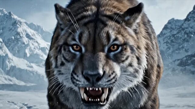 A fierce prehistoric sabertooth cat, with powerful fangs and intense eyes, roars against a backdrop of frozen mountains, an emblem of raw, untamed wilderness