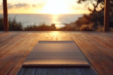A peaceful yoga mat awaits on a sun-kissed wooden deck, overlooking a serene ocean sunset. Perfect for meditation and mindful relaxation.