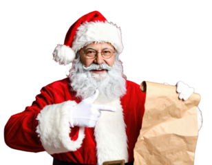 Santa Claus with a list and a pointing finger on a black background.