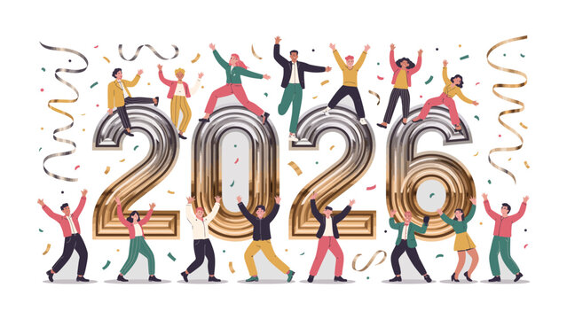 Enthusiastic Celebration of 2026: A vibrant ensemble of individuals joyfully celebrate the arrival of the new year, embodying the spirit of hope and anticipation.