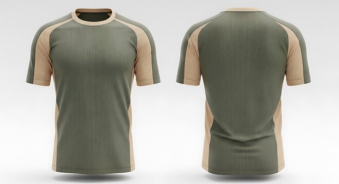 Front and back views of a men's olive green and beige short-sleeved t-shirt, suitable for sports or casual wear. - Powered by Adobe