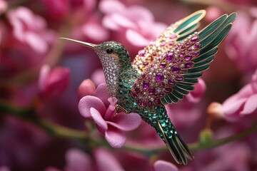 Fototapeta premium A magnificent jewel-encrusted hummingbird brooch, sparkling with diamonds, emeralds, and rubies, delicately perched on a soft pink flower.