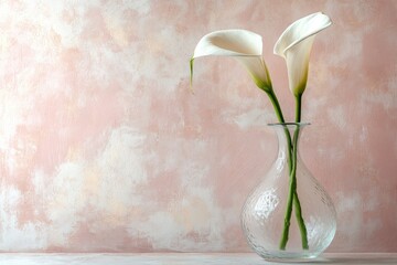 Two pristine white calla lilies arranged in a clear glass vase against a soft, blush pink textured wall background.