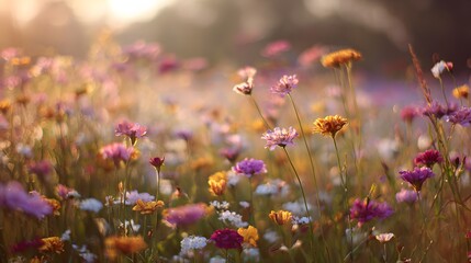 Colorful meadow blossoms glow softly in the warm morning sunlight