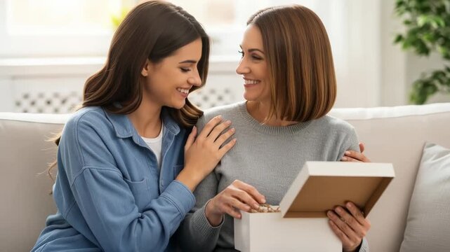Heartwarming moment of mother and daughter sharing a gift and cherishing memories together