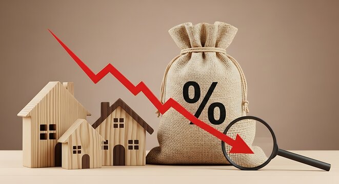 Wooden Houses with Red Arrow and Percentage Bag on Beige Surface