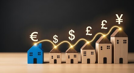 Wooden House Models with Currency Symbols and Glowing Line Chart