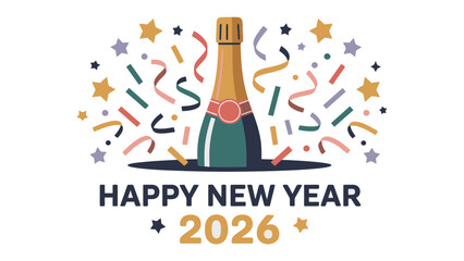 New Year's Celebration in 2026: An illustrated depiction of a celebratory New Year's event, with a champagne bottle, confetti, and celebratory text to welcome the year 2026.