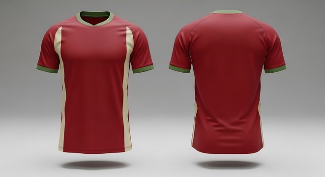 Red and beige short-sleeved sports jersey with green trim, front and back view.
