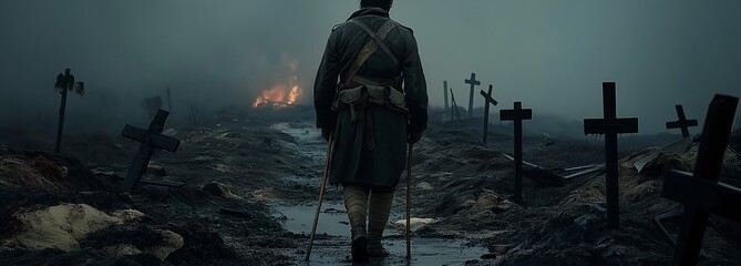 A wounded soldier with sticks walks past burial mounds. An illustration on the theme of wars and tragedies, films and cinema.