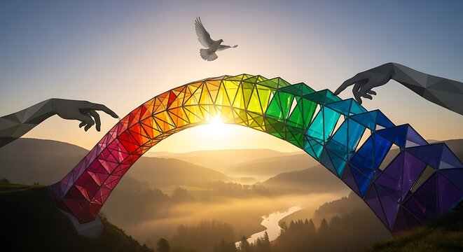 Rainbow Bridge Hands Constructing Colorful Arch with Dove, and Sunrise Over Landscape. - Powered by Adobe