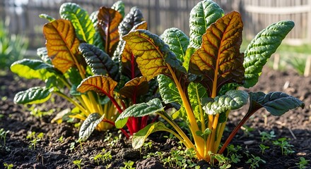 Fototapeta premium Rainbow Chard Growing in Garden Colorful with Fresh Vegetables, and Organic Food.