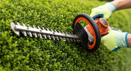 Trimming Green Bush with Orange and Silver Hedge Trimmer Close Up
